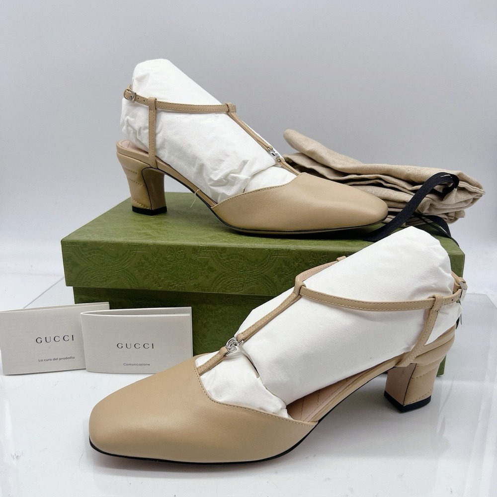 GUCCI DOUBLE G INTERLOCKING LOGO Slingback Heel Pump Wheat Leather EU 39.5 - Picture 3 of 12